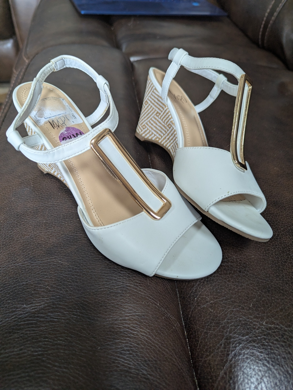 Impo White Wedge Sandals with Gold Accent